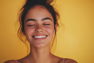 Wall Mural - Close-up portrait of a smiling young woman with her eyes closed against a yellow background.