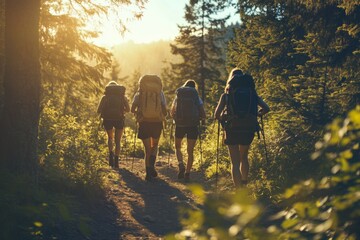 Wall Mural - a group of hikers enjoys a sunny forest trail while exploring nature and embracing adventure during 