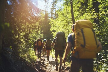 Wall Mural - A group of hikers with backpacks explores a sunny forest trail on an adventurous day in nature