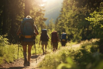 Wall Mural - a group of hikers with backpacks explores a sunny forest trail during a vibrant summer day, embracin