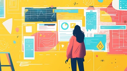 Poster - Woman stands in front of wall with displaying data visualization charts graphs and diagrams for analyzing information in business intelligence or research strategy concept.