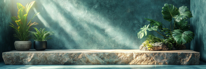 Stone shelf with plants against a blue wall.