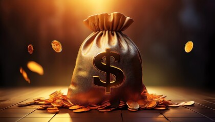 Wall Mural - A golden money bag sits amidst falling coins, symbolizing wealth and prosperity in a dramatic lighting setup.