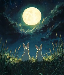 Wall Mural - An illustration of two white rabbits staring at a beautiful moonlit sky with stars alongside it, bright night skies, scenic shot, grass and nature