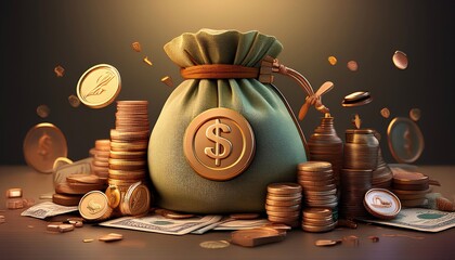 Wall Mural - A visually striking image of a money bag surrounded by scattered coins, symbolizing wealth and prosperity.