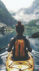 Canvas Print - Woman paddling a kayak towards majestic mountain peaks.