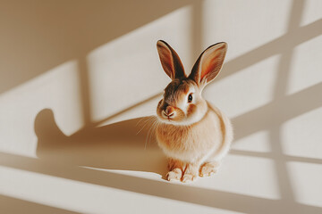 Cute fluffy decorative domestic rabbit sits on beige studio background with natural sunlight from window.