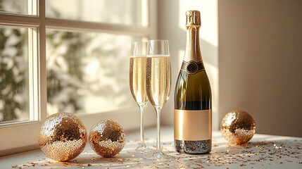 Elegant festive composition with a bottle of champagne and two filled glasses on white table near the window surrounded by golden Christmas tree balls with natural sunlight.