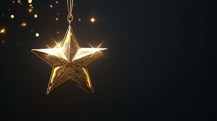 Wall Mural - A Golden Star Hanging with Sparkling Lights on a Black Background