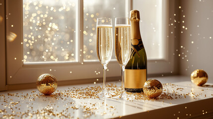 Elegant festive composition with a bottle of champagne and two filled glasses on the windowsill surrounded by golden Christmas tree balls and confetti with natural sunlight.