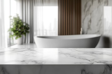 Elegant marble countertop in a modern bathroom with a freestanding bathtub and large windows letting in natural light