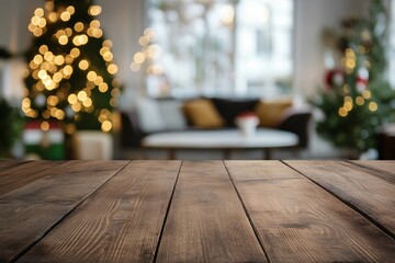 Wall Mural - Cozy winter living room with decorated Christmas tree and blurred lights in the background during festive holiday season