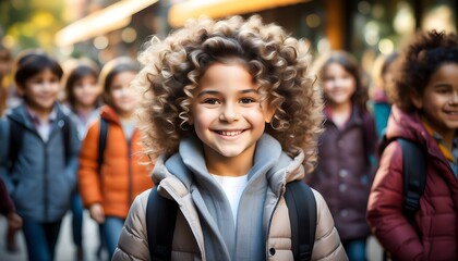 Wall Mural - Joyful young girl with curly hair beaming in a vibrant classroom environment