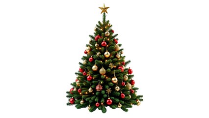 Wall Mural - Christmas tree with decoration of lights and bulbs and star, isolated on white background