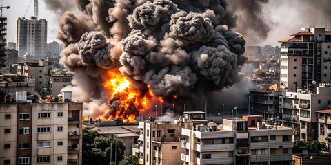 A large fire is burning in the middle of a city