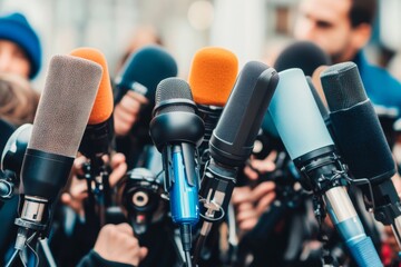 Wall Mural - a crowded press conference featuring various microphones and cameras, capturing the essence of journ