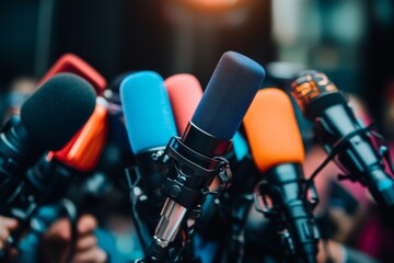 Wall Mural - a vibrant array of microphones awaits press conference in a bustling urban environment during the la
