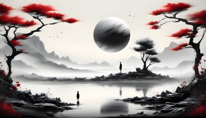 Wall Mural - Ethereal black and white landscape showcasing a luminous moon, barren tree, and solitary figure in a dreamlike setting