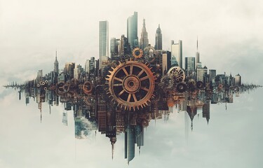 Poster - A cityscape made of gears and cogs floating in the air