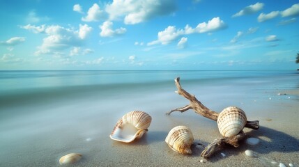 Sticker - Seashells and driftwood on a sandy beach with a clear blue sky and clouds.