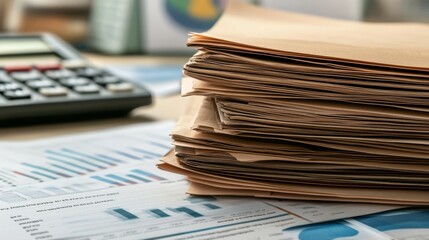 Poster - A cluttered desk featuring a stack of paper documents, a calculator, and financial graphs, highlighting a busy work environment focused on data analysis.