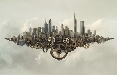 Poster - A cityscape made of gears and cogs floating in the air