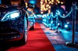 © InfiniteStudio - Luxury car parked on a red carpet with elegant rope barriers illuminated by blue lights during an evening event
