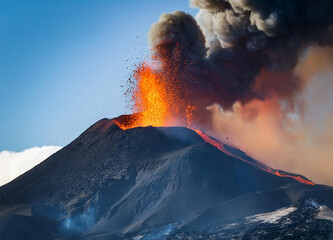 Volcanic eruption with lava flow. Generative AI.