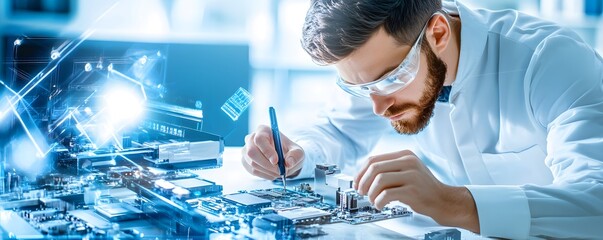 Poster - Technician working on a circuit board with a digital overlay.