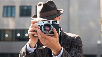 man taking a photo with vintage camera.