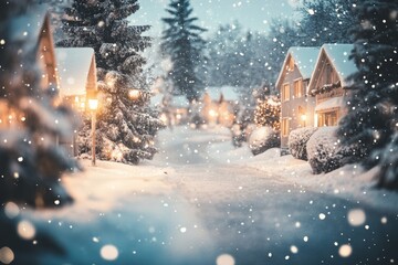 Wall Mural - A snowy evening in a charming village with cozy houses and twinkling lights during winter's quiet embrace