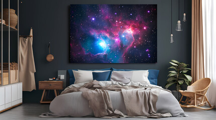 Wall Mural - cosmic starry sky canvas teal, purple, and red nebula in deep space. interstellar travel. illustrati