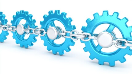 Poster - Blue Gears Linked By Chain On White Background
