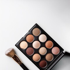 make up palette with professional brush on a solid white background for professional marketing or ad