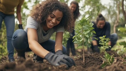 Wall Mural - Photograph a group of volunteers planting trees in a local park, emphasizing reforestation and environmental stewardship