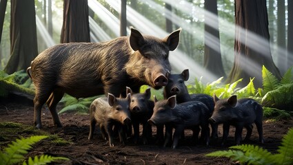 A wild boar mother and a group of her babies standing in the forest