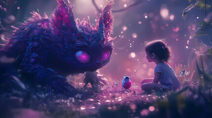 Wall Mural - Generative ai little cute child in fantasy land meeting fantastic creature. Fairy Tale Creature. Illustration