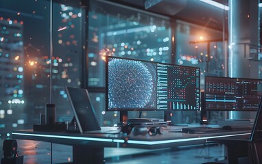 Leinwandbilder - State-of-the-Art Computer with Animated Neural Network Patterns and Code