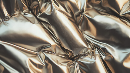 a close-up, top-down view of the surface of an extremely over-inflated metallic champagne down jacket, showcasing light, elegant gold tones