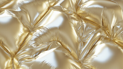 a close-up, top-down view of the surface of an extremely over-inflated metallic gold down jacket, filling the entire frame with balloon-like bulging details