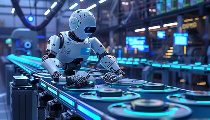 Poster - AI-Driven Robot Repairing Conveyor Belt with Holographic Diagnostics in Futuristic Factory