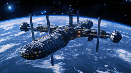 Wall Mural - interstellar travel hub at deep space station orbiting distant star. interstellar travel. illustrati