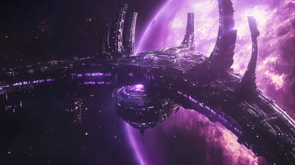Wall Mural - interstellar travel hub at deep space station orbiting distant star. interstellar travel. illustrati