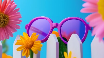 Canvas Print - Purple sunglasses rest on a white picket fence with pink and yellow flowers in front of a light blue background.