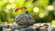 © Worakit - ant pushing small stone up dirt mound symbolizes determination and hard work in nature. vibrant colors and blurred background create captivating scene