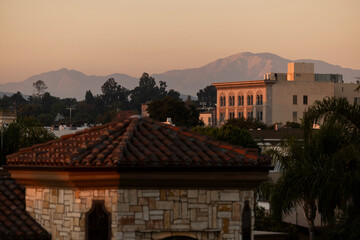 Sunset view of the historic downtown buildings of Fullerton, California, USA.