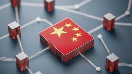 China's Digital Network: A red cube emblazoned with the Chinese flag, connected to a network of binary code cubes.