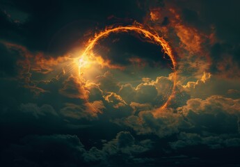 Wall Mural - a ring of fire in the clouds with a dark sky. ai.