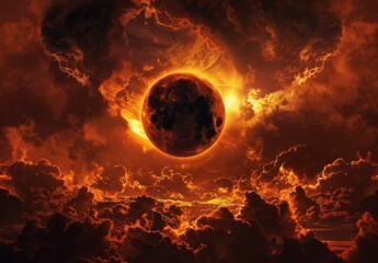 Wall Mural - a large black hole is surrounded by clouds in a fiery sky. ai.