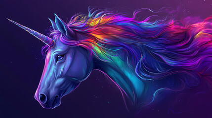  Magical unicorn with vibrant rainbow-colored mane on a purple backdrop. Fairy Tale Creature. Illustration